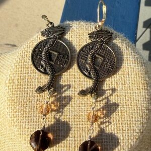 Mystical Dragon Coin Drop Earrings 3”